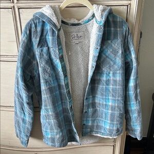 Soho ladies Blue & Gray Plaid Sherpa-Lined Hooded Jacket